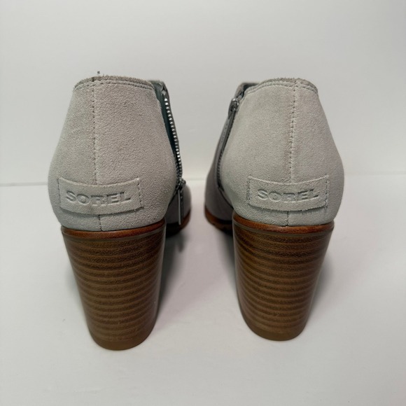 Sorel Peep Toe Booties Suede‎ Leather Block Heel Gray Ankle Boots Size 9.5 - Picture 2 of 6